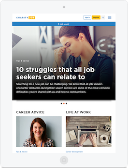 CharityJob's responsive website shown on an iPad