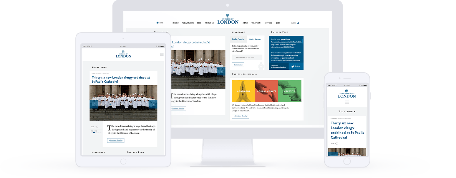 Diocese of London's responsive website shown on an iPad, iMac and iPhone