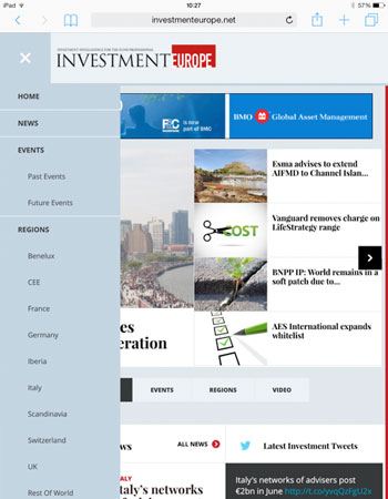 Investment Europe's new responsive website shown on an iPad