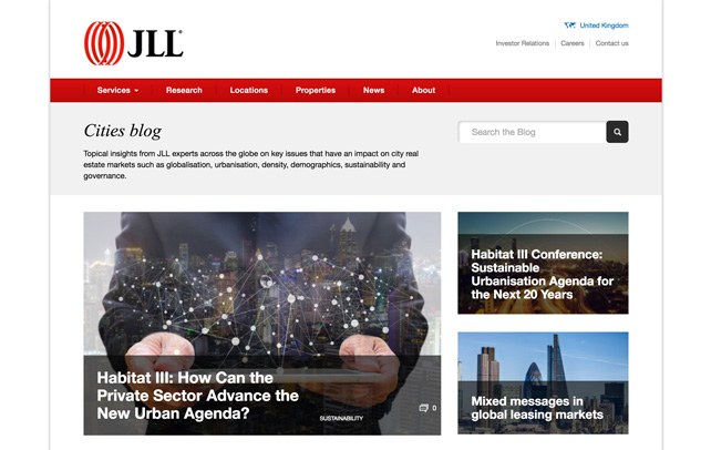 JLL's Cities blog shown on a Macbook