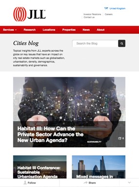 JLL's Cities blog shown on a tablet