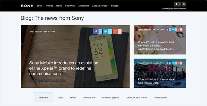 Sony Mobile's blog offers an improved user experience with the addition of a homepage main slider.