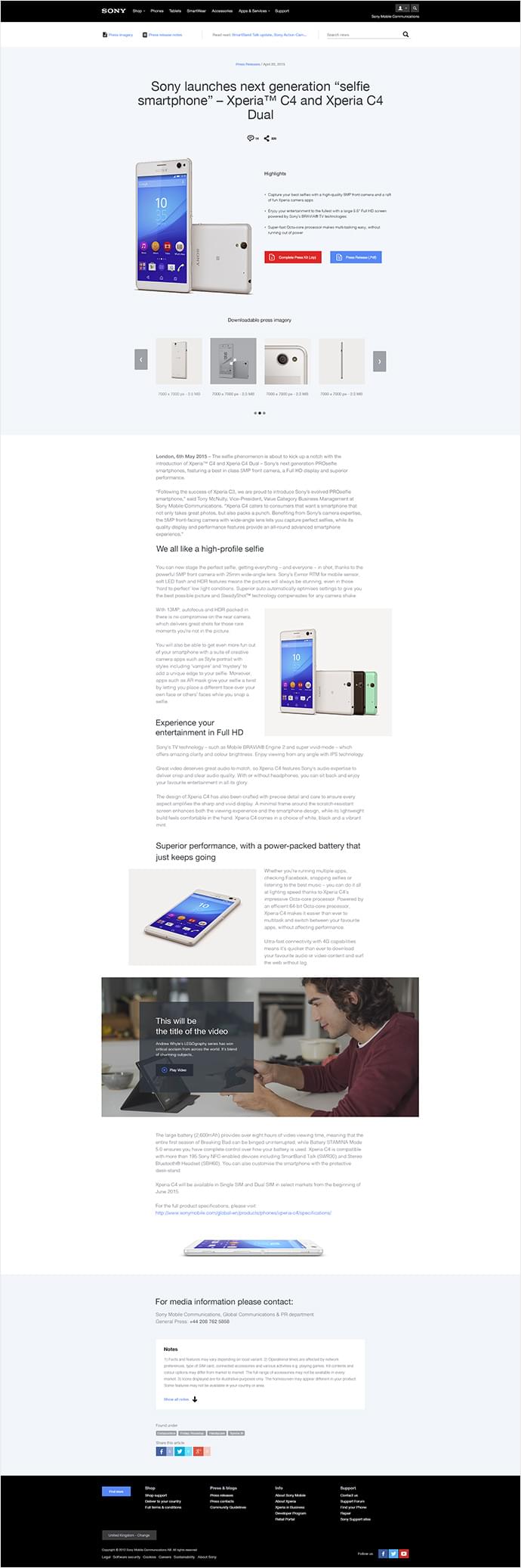 A complete redesign of the Press Release template has given the site administrators the option to showcase Sony Mobile's great products.