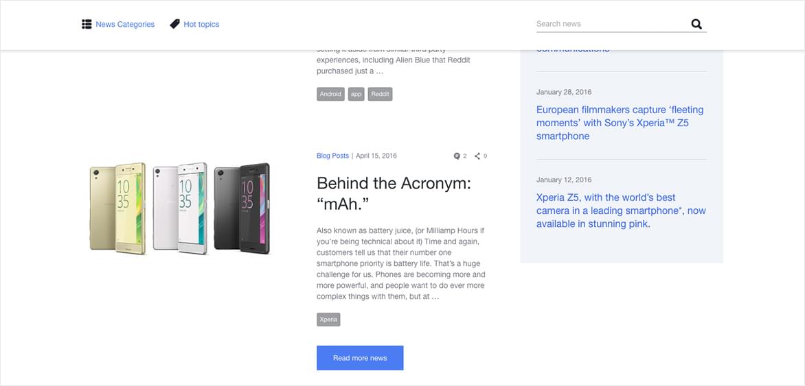 Sony Mobile's blog has improved site navigation throughout the blog including the implementation of sticky navigation and improving the discoverability of the search.