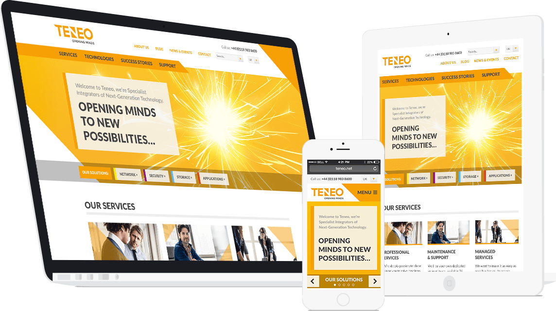 Teneo's new responsive website shown on an iPhone, iPad & Macbook