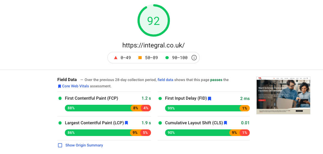 Integral WordPress Site PageSpeed After - Google Speed Insights