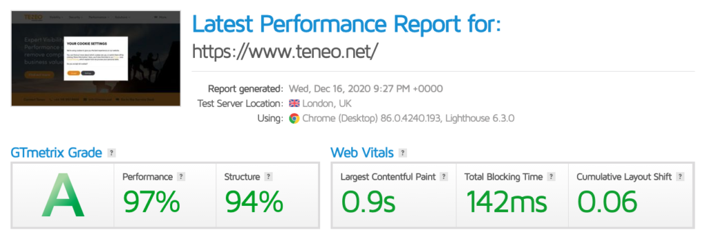 Teneo WordPress Site PageSpeed