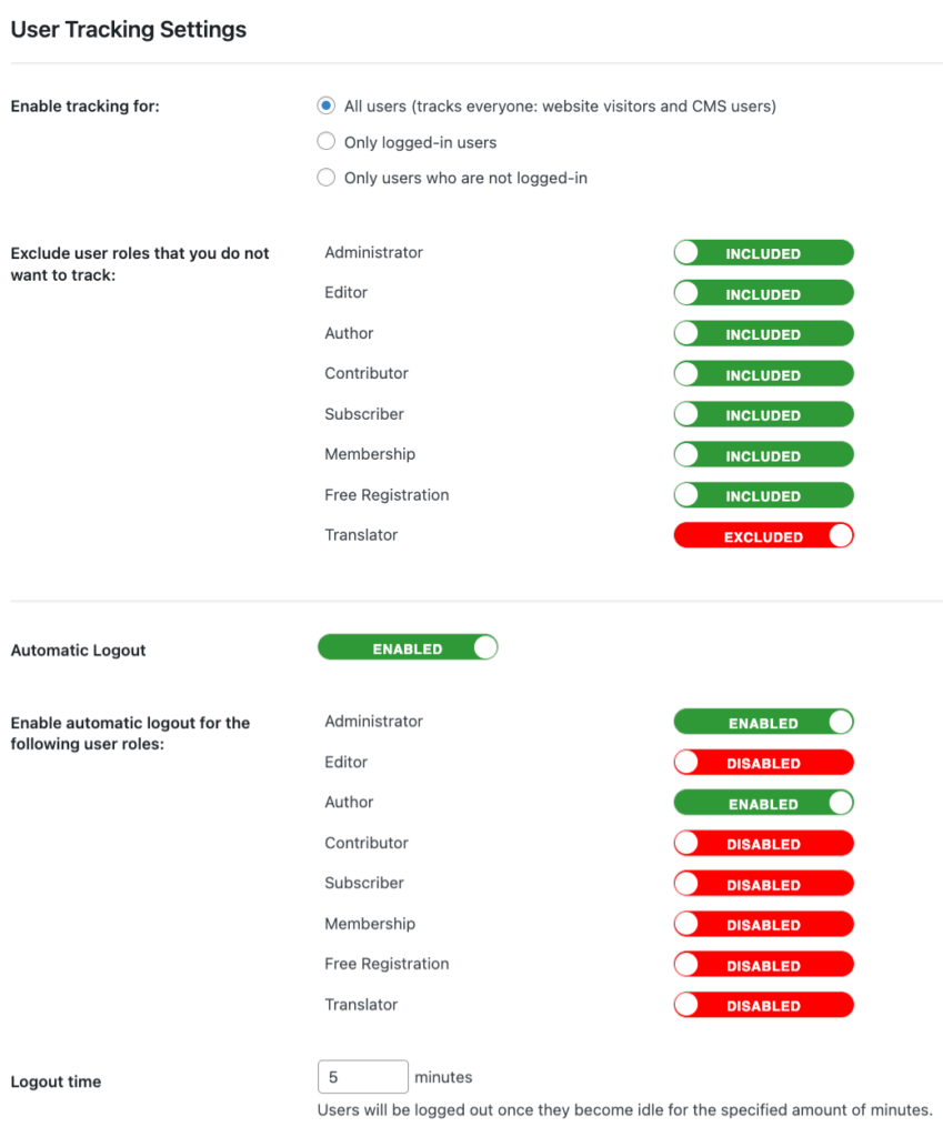 User Activity Tracking and Log - User Settings