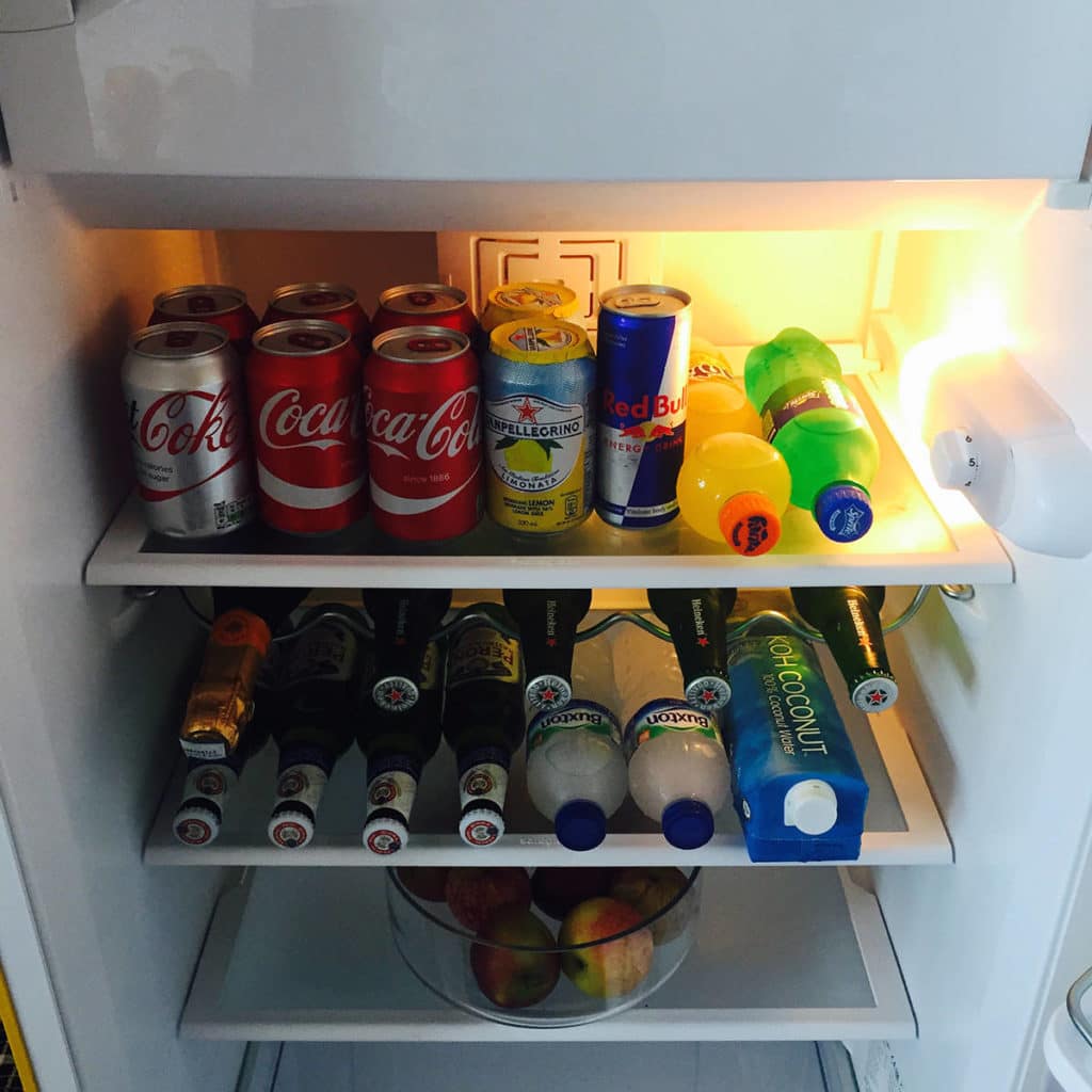 Our new fridge full of soft drinks and beer. Water is also available.